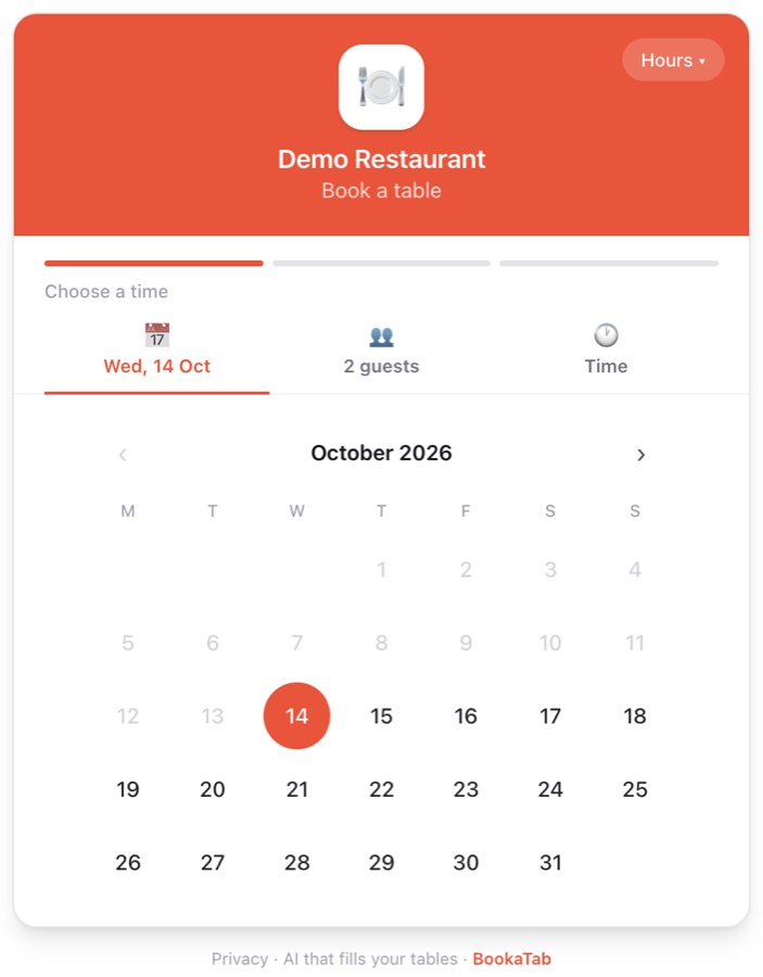 The BookaTab booking page on a phone